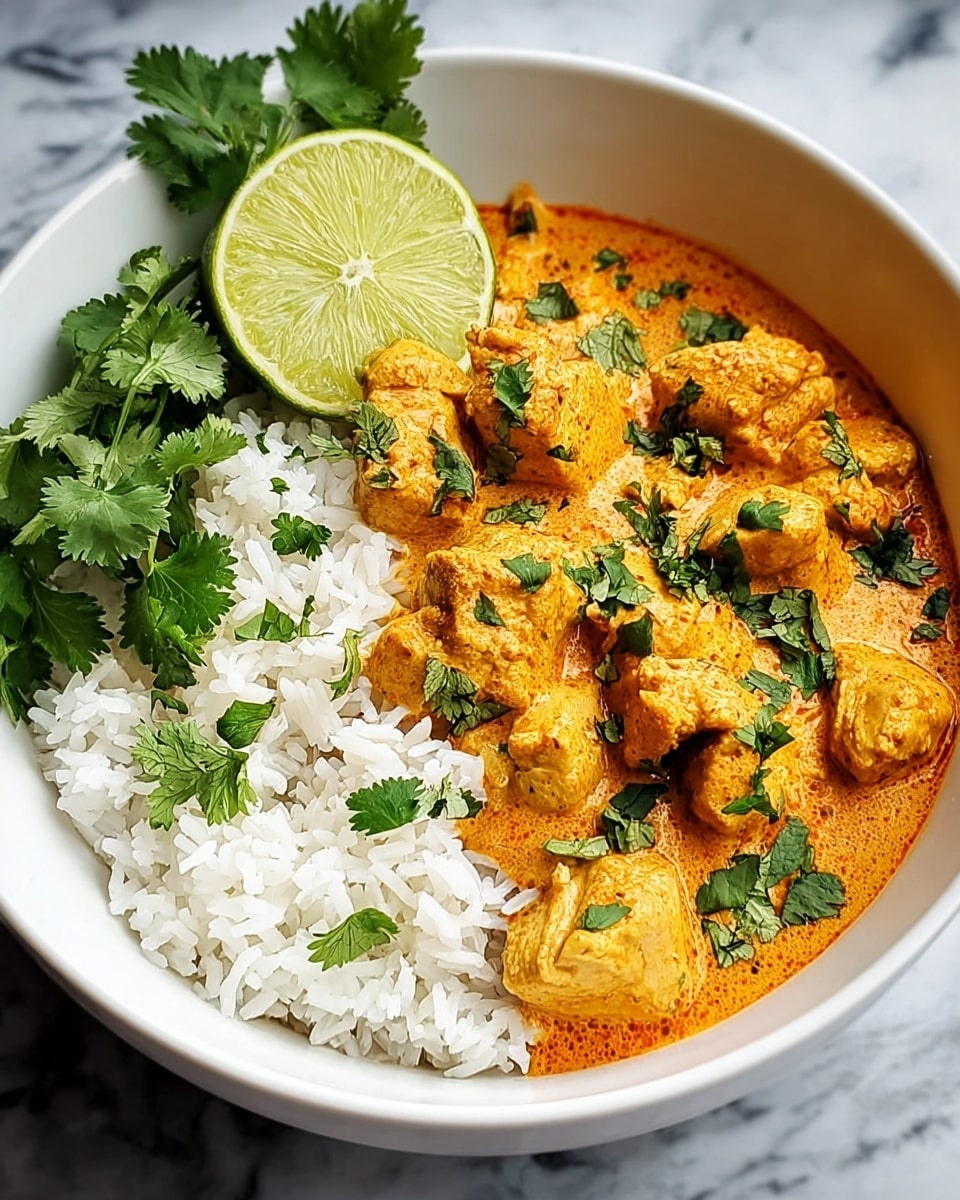 A white bowl holds a dish with two main layers: the bottom layer is fluffy white rice, and the top layer consists of chunky pieces of chicken covered in a thick, creamy, orange sauce with smooth texture and visible spices. Bright green cilantro leaves are scattered over the sauce, adding a fresh contrast, and a wedge of lime with vibrant green skin rests on the rice at the side. The bowl sits on a white marbled surface. photo taken with an iphone --ar 4:5 --v 7