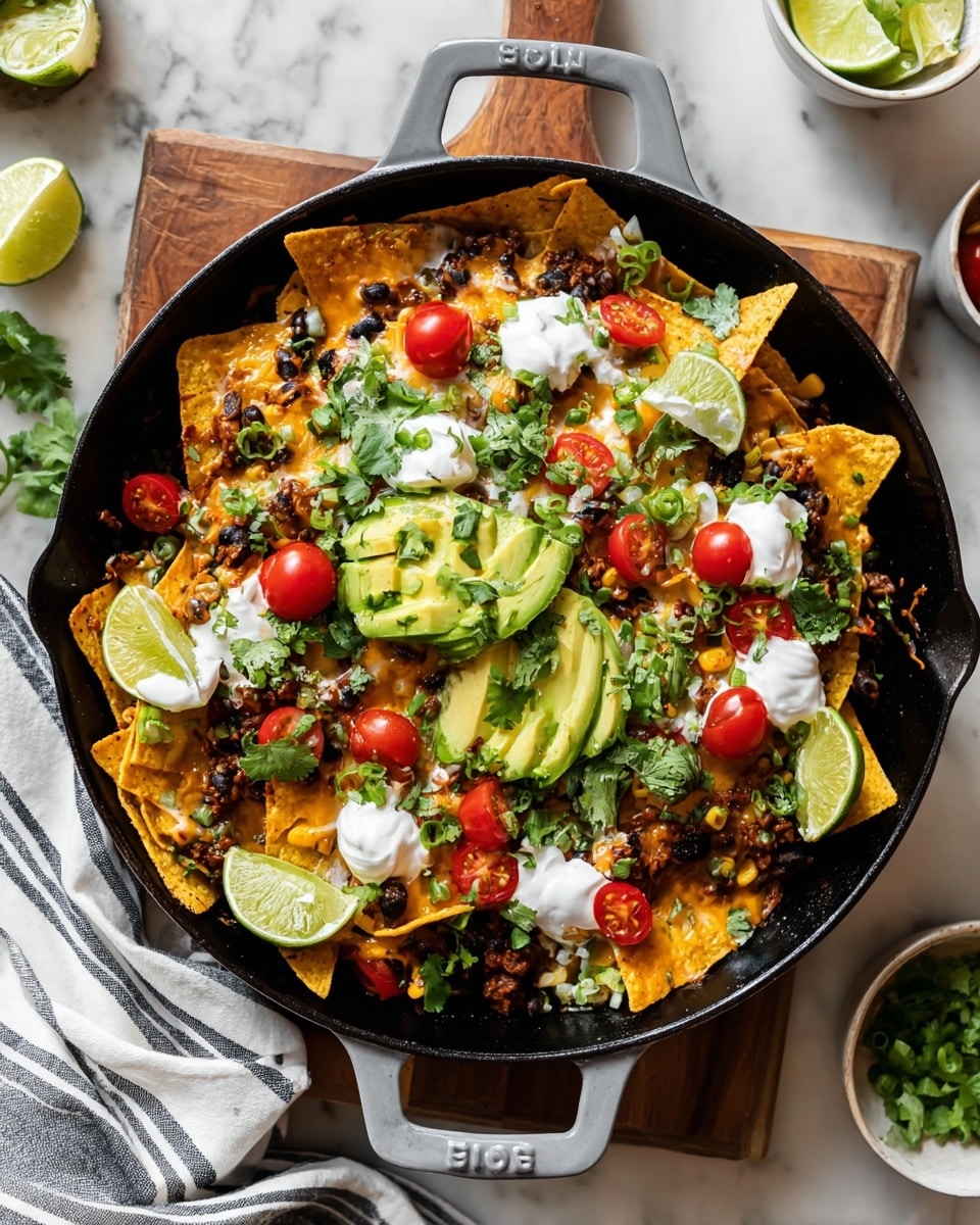 The dish is served in a black cast iron skillet with a grey handle, filled with several layers starting with a base of crispy golden-yellow tortilla chips topped with melted cheese mixed with black beans and corn. On top, there are scattered halved bright red cherry tomatoes and fresh green avocado slices arranged in the center along with lime wedges. White dollops of sour cream are drizzled evenly over the dish, and fresh green cilantro leaves and chopped green onions are sprinkled generously over all the layers, adding texture and color contrast. The skillet rests on a wooden board on a white marbled surface, with some small bowls and a striped cloth nearby. Photo taken with an iphone --ar 4:5 --v 7