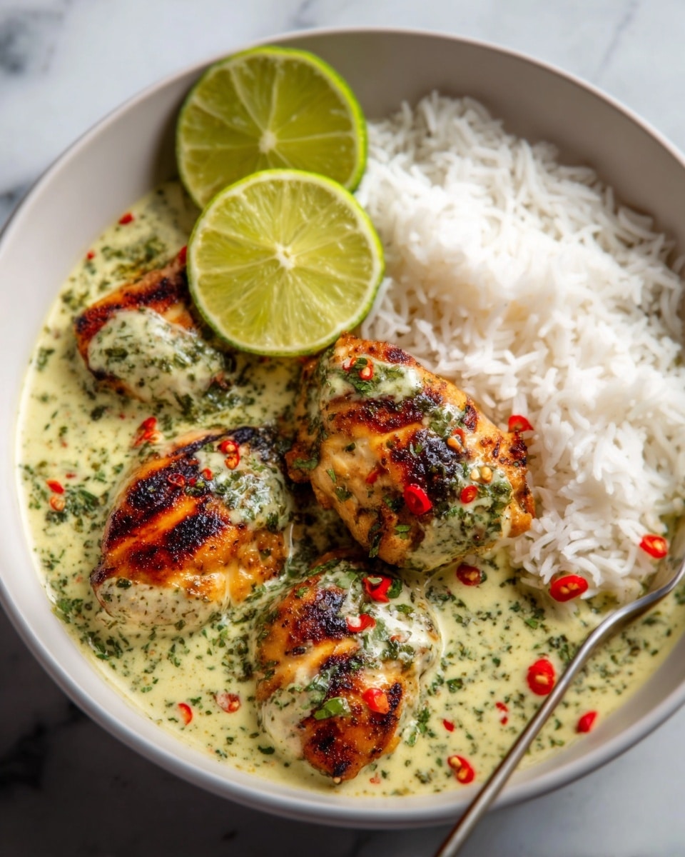 The image shows a white bowl with three grilled chicken pieces covered in a creamy green herb sauce on the left side. There are two halves of a lime placed on top of the chicken and one lime wedge resting on the edge of the bowl. On the right side of the bowl, there is white rice. The sauce around the chicken has visible herbs and red chili flakes, adding texture and color contrast. The bowl is placed on a white marbled surface. photo taken with an iphone --ar 4:5 --v 7