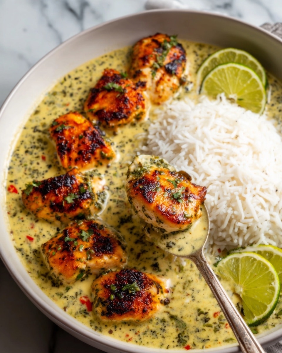 A white bowl filled with a creamy yellowish-green sauce that has herbs and spices mixed in, holding five grilled chicken pieces with a slightly charred orange-brown color, arranged in a line. To the right side of the bowl, there is a neat mound of white rice. Three lime halves are placed on the rice and sauce, showing their bright green inside and light green rind. A spoon is lifting one piece of chicken from the sauce. The bowl sits on a white marbled surface. Photo taken with an iphone --ar 4:5 --v 7