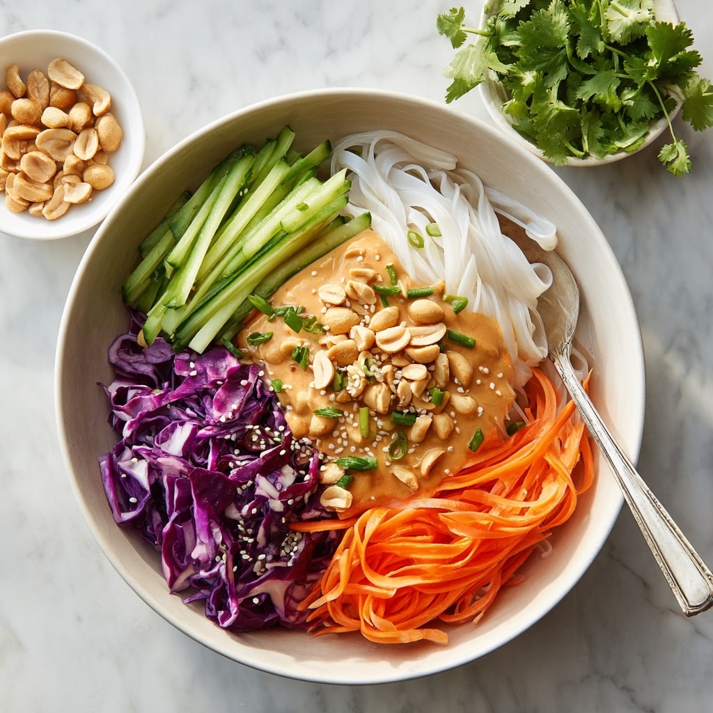 A white bowl contains a colorful layered dish starting from the bottom with a bed of white rice noodles. On top, bright green cucumber sticks are arranged on one side, next to shredded purple cabbage with wavy texture, and bright orange julienned carrots on the other side. In the center, a pile of light brown roasted peanuts sits on top of chopped green onions. The whole dish is drizzled with a creamy tan peanut sauce, sprinkled lightly with white sesame seeds and some green herbs. A silver spoon with peanut sauce rests on the side of the bowl. Around the bowl, fresh green cilantro and a small white bowl filled with peanuts sit on a white marbled surface. Photo taken with an iphone --ar 4:5 --v 7