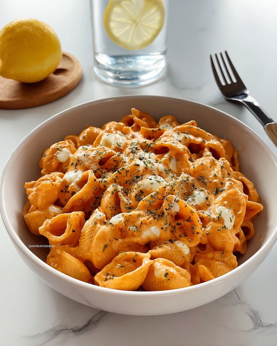 A white bowl filled with short, ridged pasta shells coated in a thick, creamy orange sauce, layered with melted white cheese scattered on top, sprinkled with green herbs; the bowl sits on a white marbled surface next to half a lemon and a clear glass of water with a lemon slice on a wooden coaster, a fork with a dark handle is blurred in the background. photo taken with an iphone --ar 4:5 --v 7
