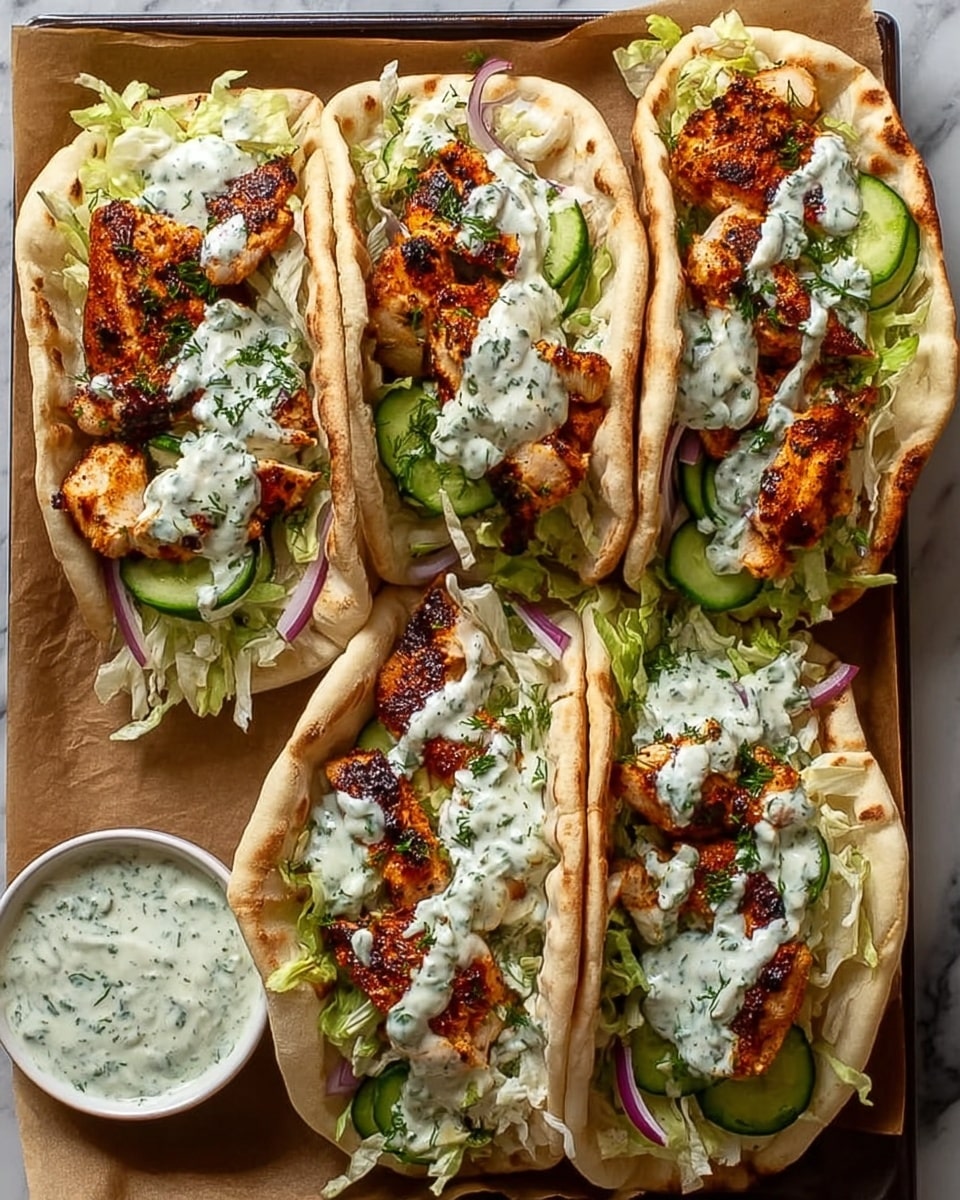 The image shows four grilled chicken wraps placed closely together on brown parchment paper. Each wrap has a soft, golden-brown flatbread folded with visible puffed and charred spots on the edges. Inside each wrap, there is a layered filling starting with chopped green lettuce and slices of cucumber at the bottom, followed by grilled chicken pieces with a slightly charred and orange-brown crust. On top of the chicken, there is a thick white sauce with green herbs spread across each wrap. A small glass container filled with the same white herb sauce is placed next to the wraps. The background is a white marbled texture. photo taken with an iphone --ar 4:5 --v 7