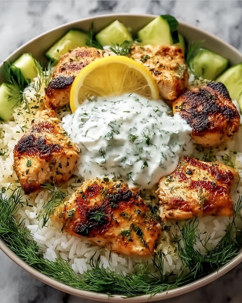 The image shows a white bowl filled with fluffy white rice as the base layer, topped with five pieces of golden-brown grilled chicken scattered evenly with slight charring and sprinkled green herbs. In the center of the bowl is a dollop of creamy white sauce with green herb bits, garnished with fresh dill sprigs and a bright yellow lemon slice resting on top. Around the edges, small green cucumber pieces and more fresh dill create a fresh border, all sitting on a white marbled texture. photo taken with an iphone --ar 4:5 --v 7