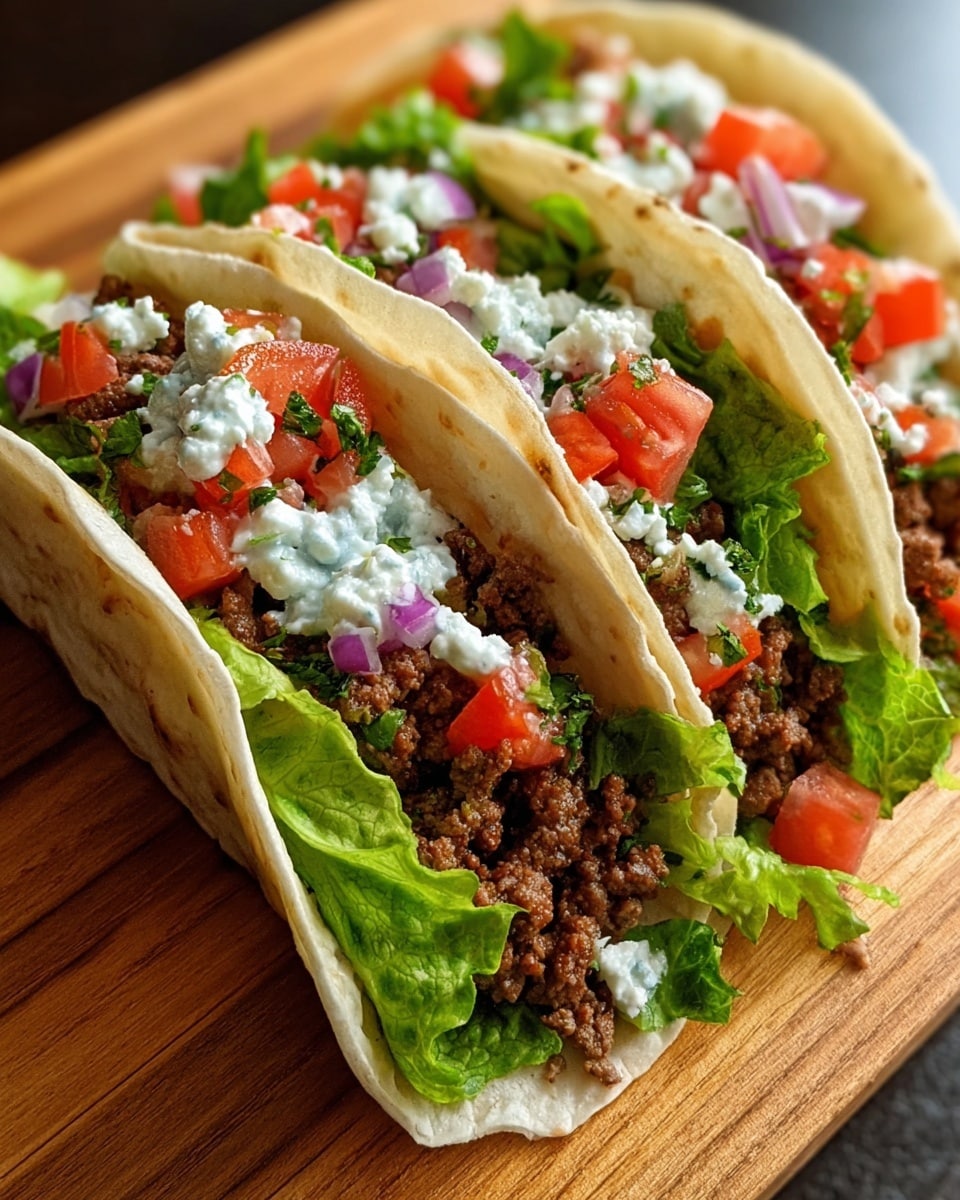 A flat soft tortilla lies on a wooden board, topped with a layer of green lettuce that adds fresh texture around the edges. On top of the lettuce is a thick, crumbly layer of cooked ground meat, dark brown and well-seasoned. Scattered over the meat are bright red chunks of tomato and thin slices of purple onion. In the center, a generous dollop of white creamy sauce, flecked with green herbs, sits on top, sprinkled with some white crumbled cheese and more finely chopped green herbs. The photo is taken on a white marbled surface in soft daylight, photo taken with an iphone --ar 4:5 --v 7