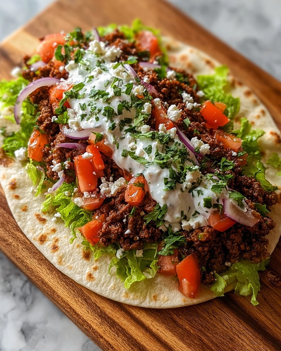 Three soft tacos are placed side by side on a wooden board, each with three visible layers: the bottom layer is a white soft tortilla lightly toasted, holding fresh green lettuce leaves; the middle layer is filled with seasoned cooked ground beef in crumbled texture, topped with bright red diced tomatoes and small pieces of purple onion; the top layer has dollops of white creamy sauce with green herb bits sprinkled on top, adding freshness. The tacos are arranged in a slight diagonal line, showing their colorful and textured fillings clearly. Photo taken with an iphone --ar 4:5 --v 7