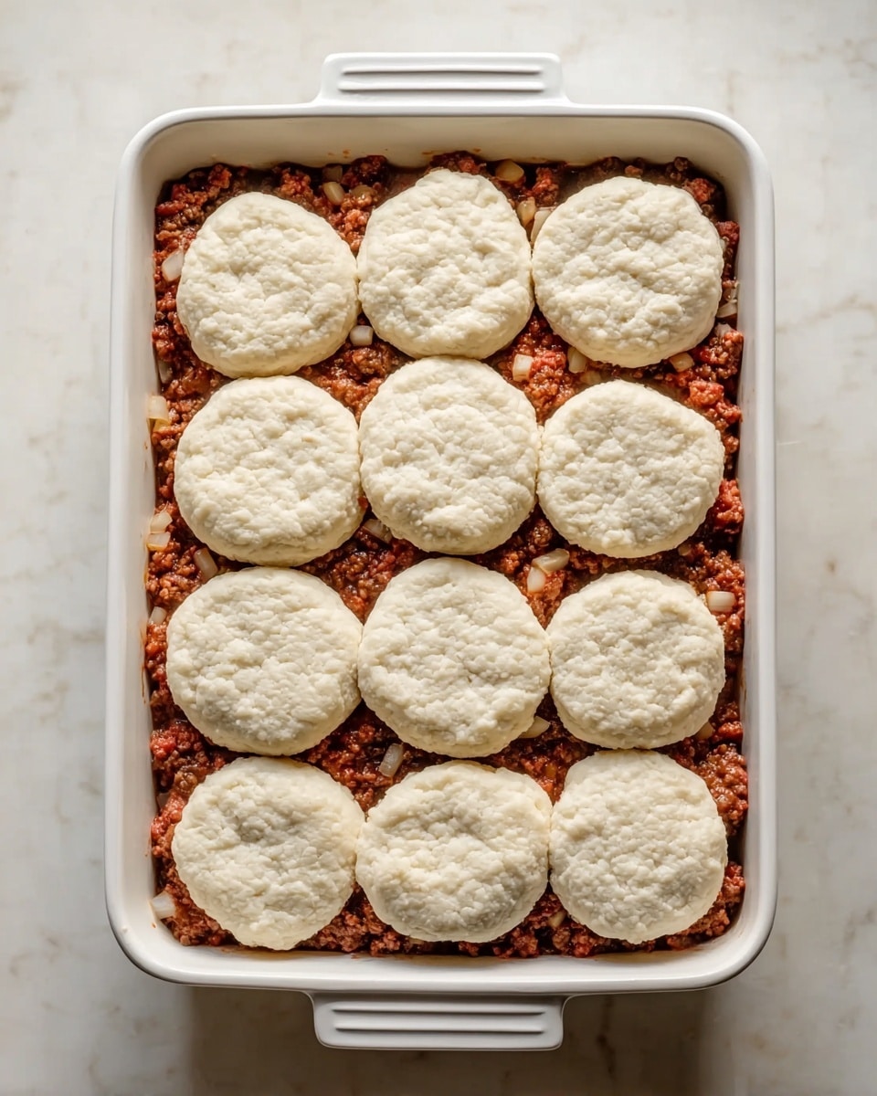 A white rectangular baking dish filled with a base layer of ground beef mixed with small white onion pieces, showing a coarse texture with brown and red tones. On top, there are twelve evenly spaced round biscuit dough pieces arranged in a 3 by 4 grid, each biscuit round, soft-looking, and off-white with a slightly bumpy surface. The dish is placed on a white marbled texture surface with soft lighting emphasizing the food's texture. photo taken with an iphone --ar 4:5 --v 7
