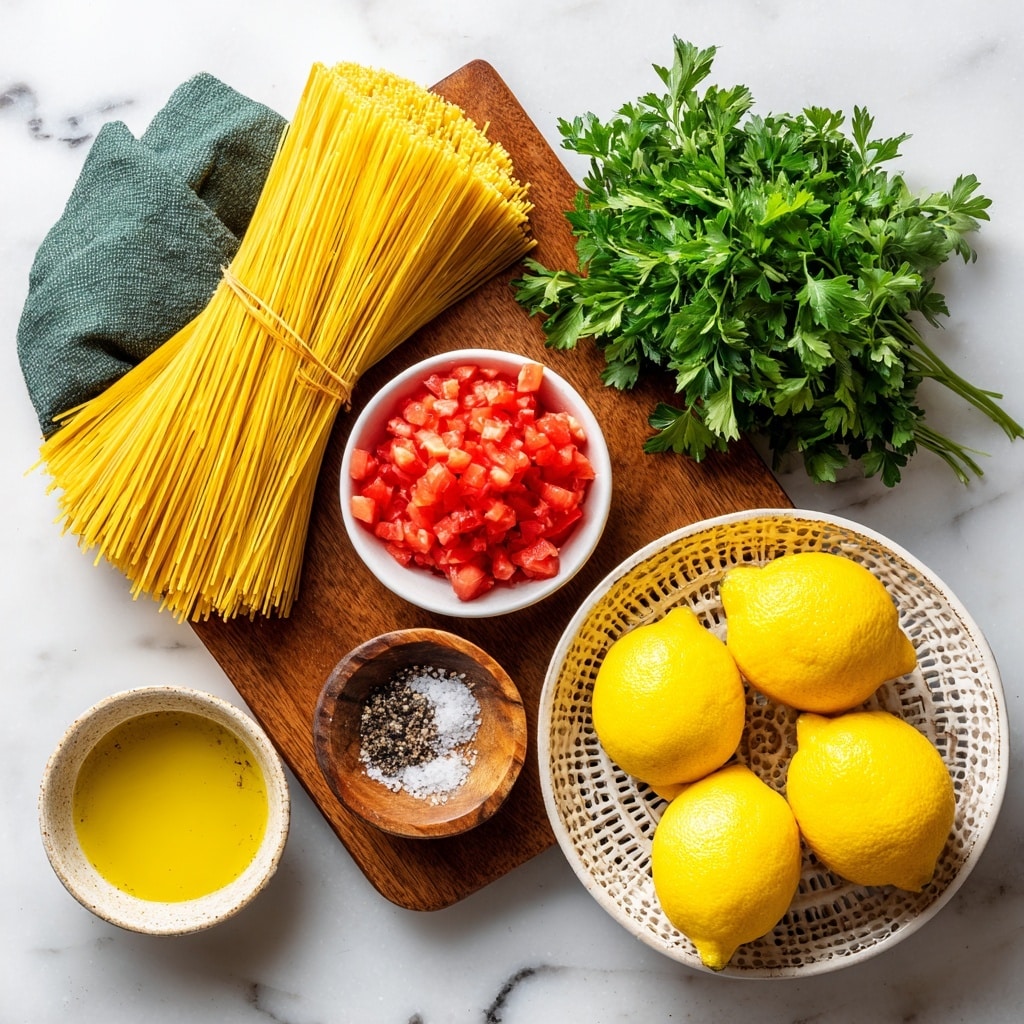 A wooden cutting board on a white marbled surface holds several fresh ingredients: a bundle of uncooked yellow spaghetti pasta wrapped partially in a green cloth towel on the left, a small white bowl filled with bright red diced tomatoes near the top center, a bunch of fresh green parsley with curly leaves on the right side, a small round wooden bowl containing white salt and black pepper near the bottom center-left, a glass bowl filled with golden olive oil at the bottom left, and a white ceramic plate with a lattice rim holding five bright yellow lemons on the bottom right. Photo taken with an iphone --ar 4:5 --v 7