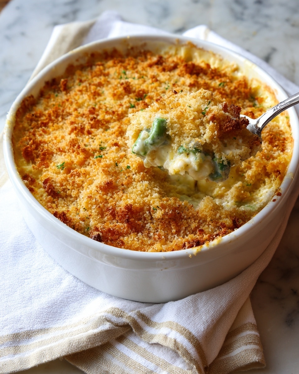 A round white bowl is filled with a baked dish that has a golden brown crumbly topping scattered unevenly across the surface, showing some small bits of green and creamy white underneath. The top texture is crunchy and crisp with some darker toasted spots. The edges of the bowl reveal a smooth creamy layer beneath the topping. The whole dish sits on a white marbled surface. photo taken with an iphone --ar 4:5 --v 7