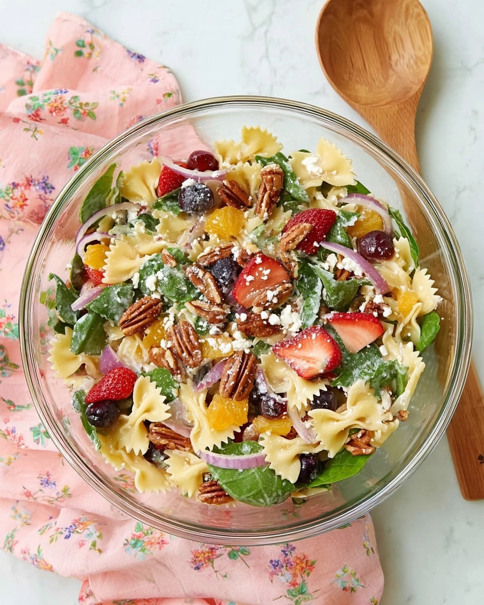 A clear glass bowl holds a colorful layered salad with farfalle pasta as the base, light yellow and smooth in texture. Mixed in are fresh dark green spinach leaves, bright red sliced strawberries, dark purple grapes, and small peeled orange segments. Thin slices of light purple onion add contrast throughout. On top are scattered brown pecans and white crumbly cheese pieces, all coated lightly with a creamy dressing that gives a slight sheen. The bowl rests on a soft pink cloth with green leaf patterns, placed on a white marbled surface. Photo taken with an iphone --ar 4:5 --v 7