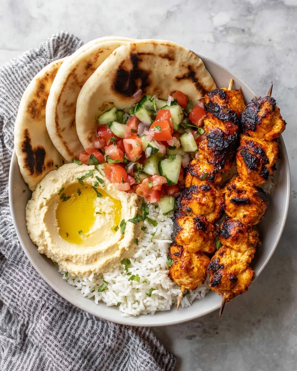 A white bowl holds a meal with five parts: at the top, four pita bread slices with dark charred spots are stacked slightly overlapping; below them is a bright mix of chopped red tomatoes, green cucumber pieces, and small green herb leaves; next to it are two grilled chicken skewers with orange-brown grilled marks and crispy edges; on the left of the chicken is a heap of white rice with light grains; and at the far left is a smooth, pale hummus with a small pool of golden olive oil in the middle. The bowl sits on a white marbled surface with a folded striped cloth nearby. Photo taken with an iphone --ar 4:5 --v 7
