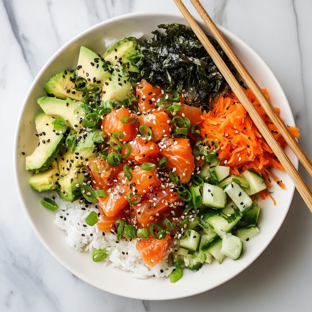 A white bowl sits on a white marbled surface filled with a colorful poke bowl. At the bottom is a base of white rice with soft texture, topped with cubed bright orange salmon pieces glazed with sauce and sprinkled with sesame seeds. Next to the salmon, there are fresh green avocado cubes and chopped green onions. On the right side, thin crisp orange carrot strips and chopped cucumber pieces create a fresh look. Dark green seaweed strips add contrast near the rice. Drizzled over the bowl is a light creamy sauce with black and white sesame seeds scattered on top. Two light wooden chopsticks rest on the edge of the bowl. photo taken with an iphone --ar 4:5 --v 7