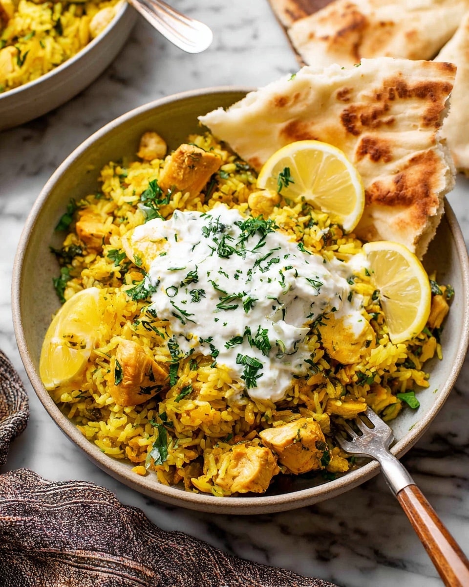 A white bowl holds a bright yellow rice dish mixed with pieces of cooked chicken, garnished with fresh green herbs and topped with a generous dollop of creamy white sauce that has green herb flecks. Four lemon wedges with light yellow skin are arranged around the side inside the bowl, and two triangular pieces of warm brown pita bread rest on the side of the bowl. A silver fork with some rice and chicken is placed inside the bowl. Nearby, there is a white dish with fresh green herbs and part of a white bowl filled with a colorful salad, featuring dark olives, red cherry tomatoes, green broccoli, and orange carrot slices. In the background, a green pot contains more of the yellow rice with lemon wedges and a white sauce topping, all set on a wooden surface with scattered green herbs and a beige cloth with blue stripes. Photo taken with an iphone --ar 4:5 --v 7