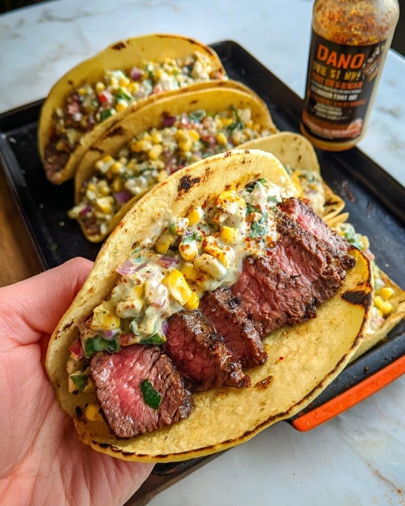 Grilled Steak and Elote Tacos with Cilantro-Lime Cream Recipe