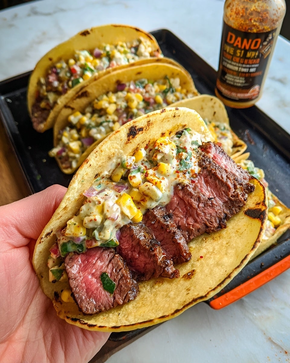 The image shows three soft tacos, each with two main layers. The base layer is made of grilled steak pieces that are pinkish-red inside with a dark brown charred outside, placed inside warm, slightly toasted tortillas that are light beige with some darker spots. On top of the steak is a creamy corn salad layer containing bright yellow corn kernels mixed with small bits of green herbs and red onions, coated in a thick, light creamy sauce. The tacos are resting on a dark tray, and a woman's hand is holding one taco, with a white marbled surface underneath the tray. In the background, a seasoning bottle is partially visible. photo taken with an iphone --ar 4:5 --v 7