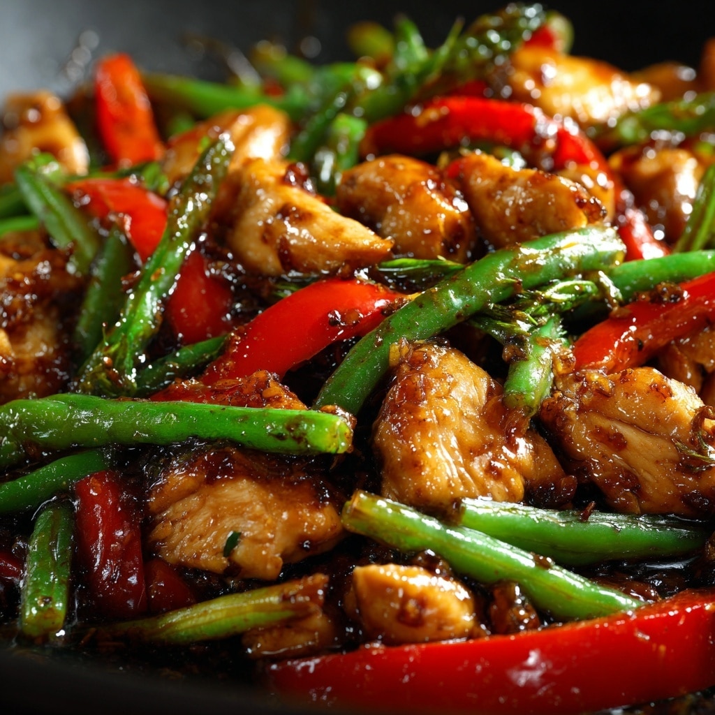 The image shows a close-up of a stir-fried dish with pieces of golden-brown chicken coated in a shiny dark brown sauce. Mixed with the chicken are bright green string beans and vibrant red bell pepper slices, all glistening from the sauce. The texture looks glossy and slightly sticky, highlighting the sauce's thickness. The colors are rich, with deep reds and greens contrasting against the warm brown chicken pieces. The composition is tightly framed, focusing closely on the mixture of chicken and vegetables. photo taken with an iphone --ar 4:5 --v 7