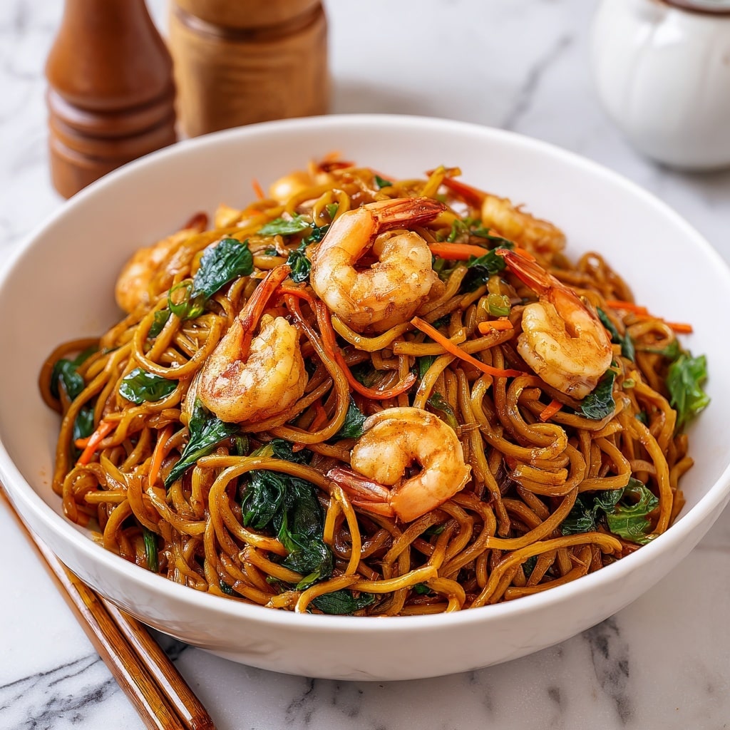 A close-up image of a white bowl filled with a pile of brown stir-fried noodles mixed with pinkish-orange cooked shrimp, thin carrot strips, and bits of green leafy vegetables scattered throughout. The noodles are glossy and intertwined, forming a textured mound with shrimp placed on top and inside the layers. The bowl sits on a white marbled surface, with wooden chopsticks partially visible at the bottom left. In the blurred background are a wooden pepper grinder and a white container. photo taken with an iphone --ar 4:5 --v 7