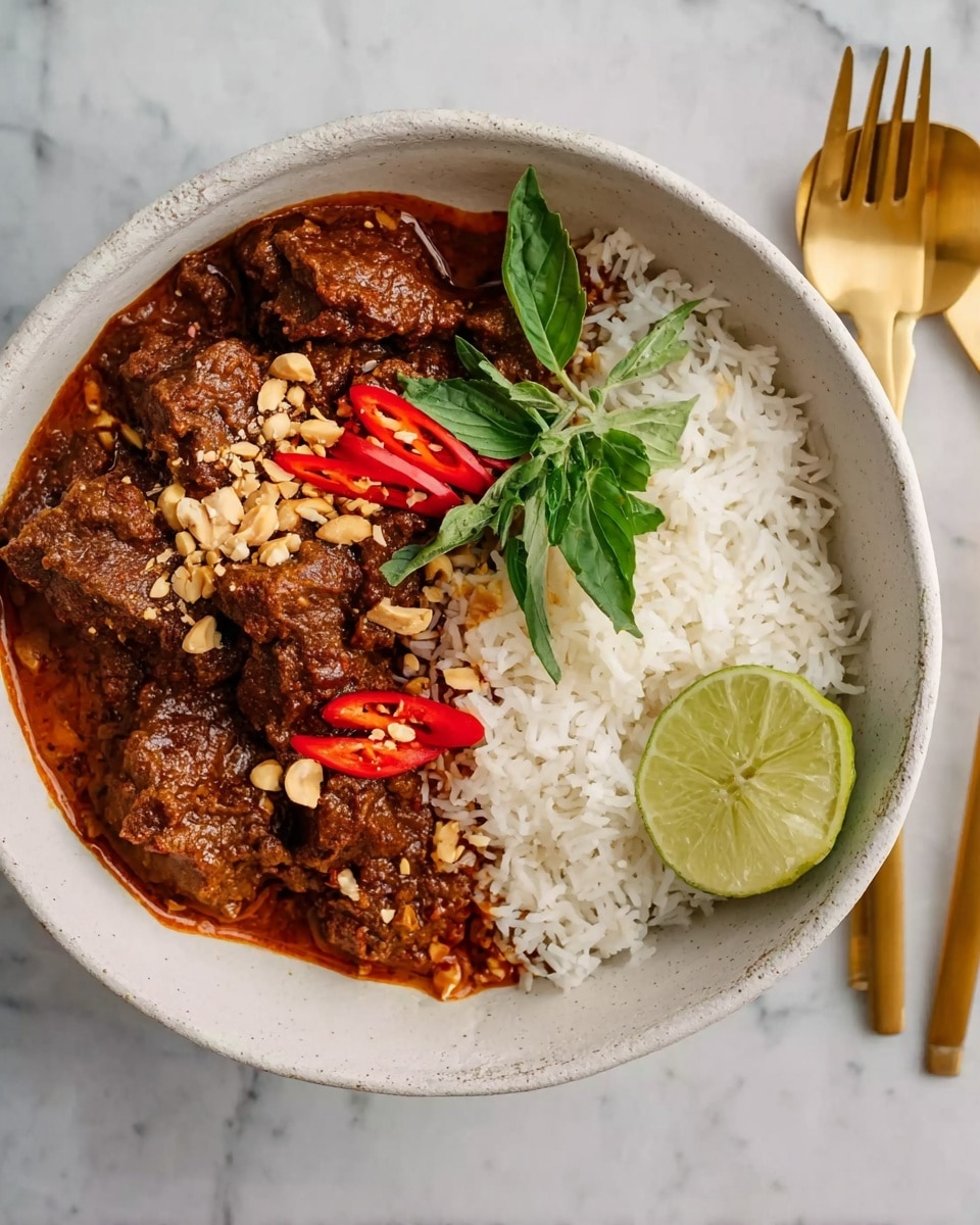 A white bowl filled with two main layers: on one side, white rice with a few toasted slivers scattered on top, and on the other side, rich dark brown chunks of beef stew covered in thick sauce. On top of the stew are bright red sliced chilies and sprinkled crushed peanuts, while fresh green basil leaves and a wedge of lime sit neatly on the edge between the rice and stew. The bowl is set on a white marbled surface, with gold-colored cutlery next to it. Photo taken with an iphone --ar 4:5 --v 7