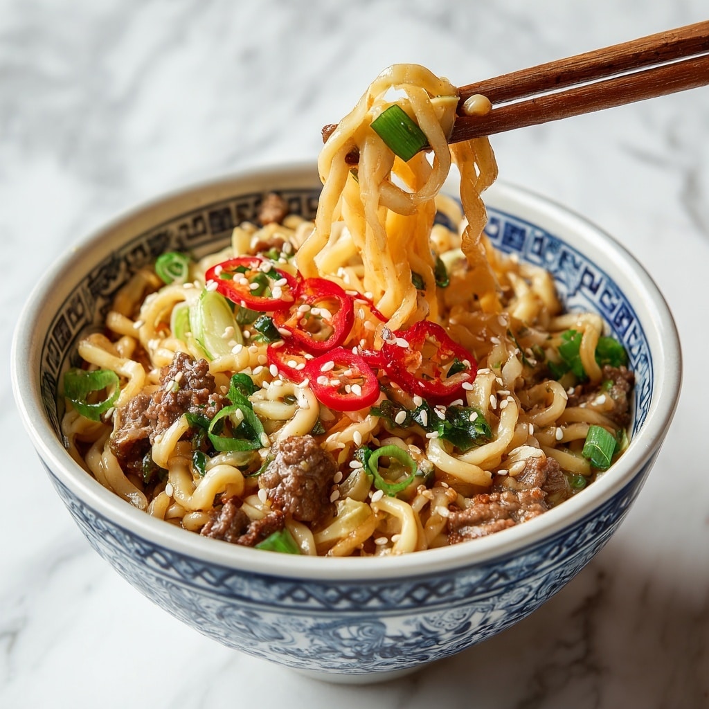 The image shows a white bowl with blue patterns filled with thick, glossy noodles mixed with small pieces of brown cooked meat. On top, there are green onion slices scattered, bright red chili slices, and white sesame seeds sprinkled evenly. Wooden chopsticks are lifting some noodles from the center of the bowl, revealing all the ingredients closely mixed. The bowl is placed on a white marbled surface that contrasts with the food’s warm colors. photo taken with an iphone --ar 4:5 --v 7