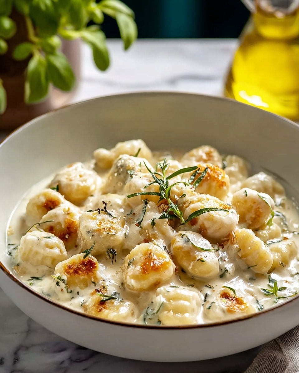 This image shows a close-up of a dish in a white bowl with a creamy sauce. The dish has about two main layers: the first layer is soft, golden-brown gnocchi that look slightly crispy on some parts, spread evenly across the bowl. The second layer is the creamy sauce that covers the gnocchi, with pieces of light brown cooked chicken and small green herbs mixed in. The sauce is smooth and has a light beige color with black pepper bits visible. The bowl sits on a white marbled surface. Photo taken with an iphone --ar 4:5 --v 7