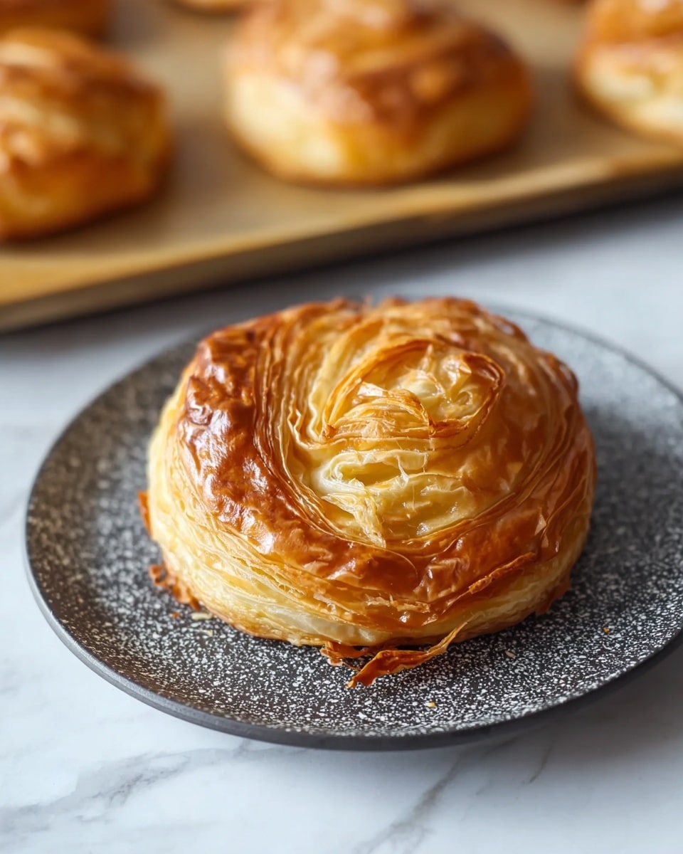 The image shows a close-up of a pastry cut in half, revealing multiple thin, golden-brown flaky layers on the outside. Inside, there are colorful layers of filling with dark green leafy vegetables, bright red pieces, and light beige chunks, all mixed together with a creamy texture. The pastry looks crisp and slightly shiny on the outer edges with some visible folds. The background is a white marbled texture. photo taken with an iphone --ar 4:5 --v 7