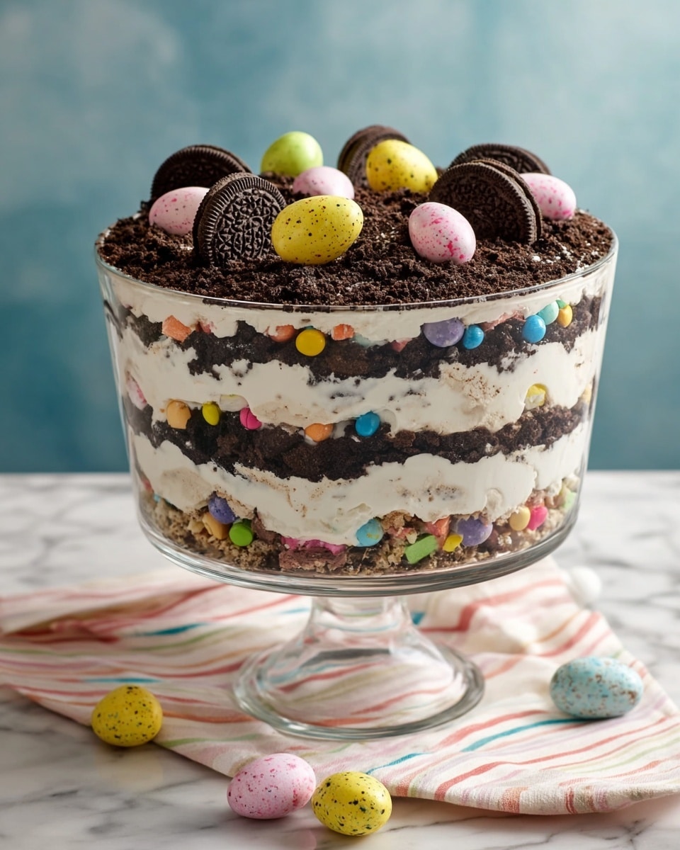 A clear glass trifle bowl with four visible layers rests on a white marbled surface next to a striped cloth. The bottom layer is dark, crumbly cookie crumbs, followed by a thick white creamy layer with colorful pastel candy pieces embedded inside. This repeats two more times, ending with a top layer of the dark cookie crumbs covered with small whole chocolate sandwich cookies and colorful speckled egg-shaped candies in pink, yellow, blue, and green spread evenly. The background has a soft gradient of light blue to beige. photo taken with an iphone --ar 4:5 --v 7