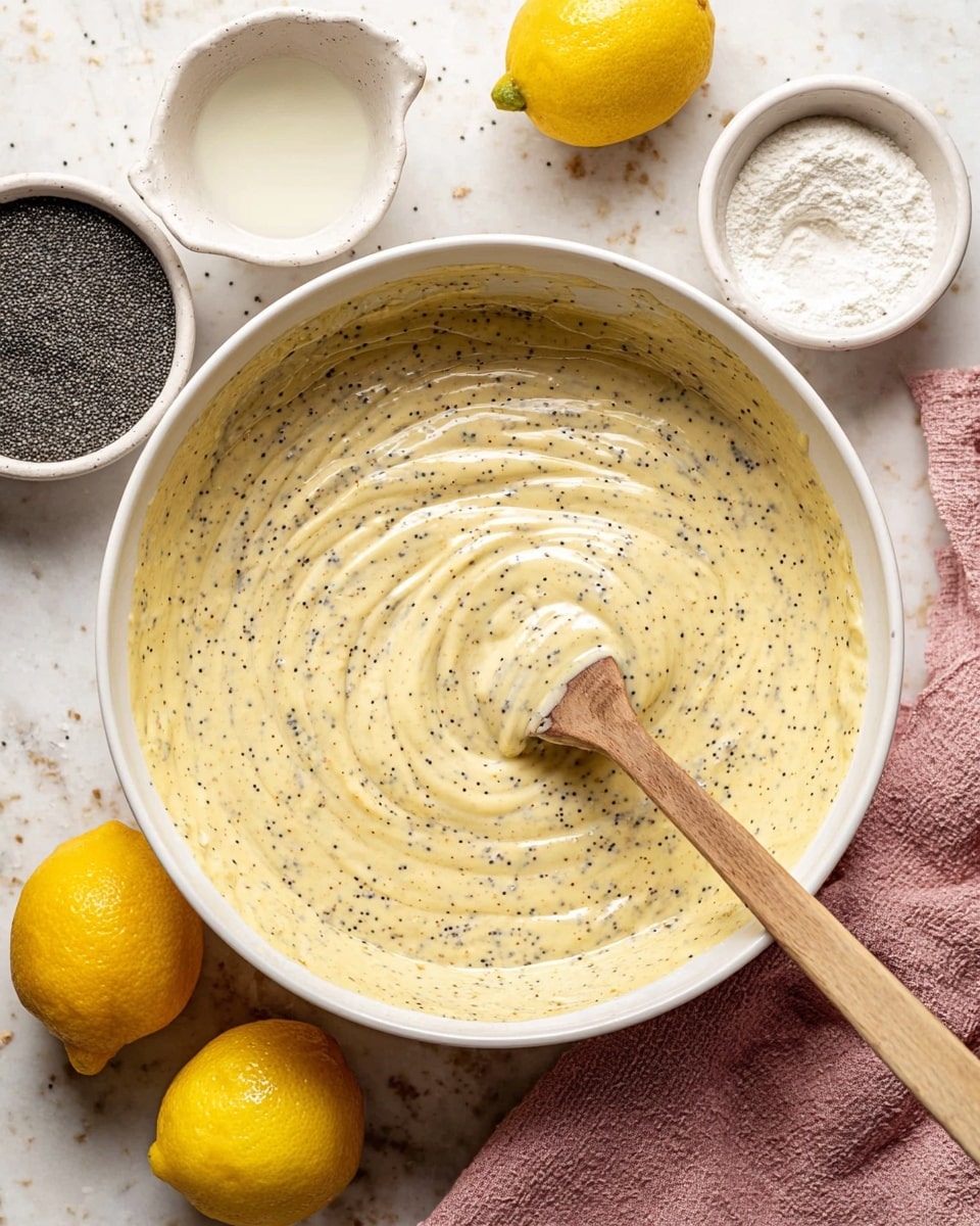 A large white bowl filled with a creamy, pale yellow batter mixed evenly with small black poppy seeds, showing a smooth texture with soft swirls made by a wooden spatula resting inside the bowl. Around the bowl, there are two whole yellow lemons, a small white bowl of white liquid, a white bowl filled with black poppy seeds, a white bowl with white powder, and a pink cloth on a white marbled surface. Photo taken with an iphone --ar 4:5 --v 7