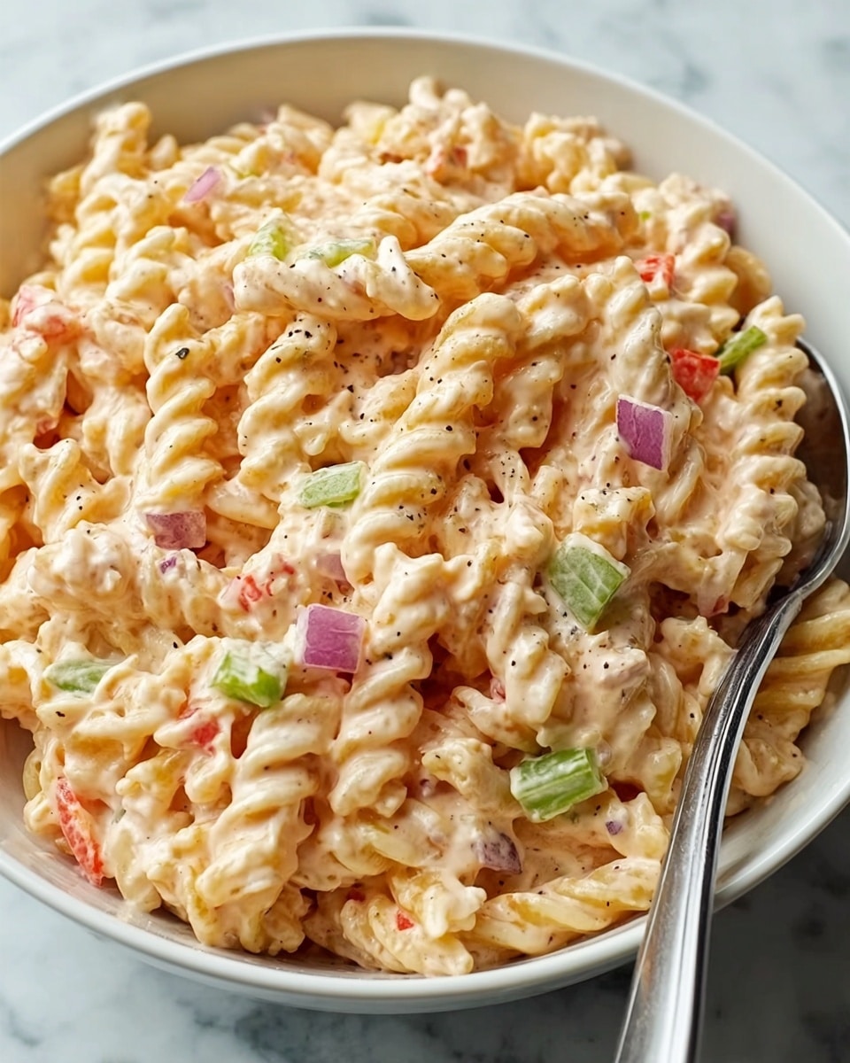 A close-up view of a white bowl filled with creamy macaroni salad showing three main layers: the bottom layer consists of light beige spiral pasta, the middle layer has bits of green celery and small red onion pieces scattered throughout, and the top layer is a glossy coating of creamy, slightly off-white dressing that covers the pasta and vegetables. The textures vary from smooth and creamy dressing to the firm, twisted pasta and crunchy vegetables, all set against a white marbled surface. Photo taken with an iphone --ar 4:5 --v 7
