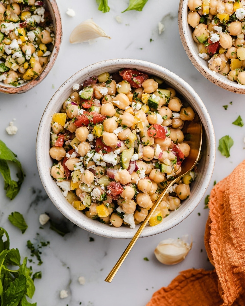 A large white bowl filled with a colorful bean salad featuring a mix of chickpeas and white beans as the base layer, topped with finely chopped yellow bell peppers, red onions, cucumber, sun-dried tomatoes, bits of green herbs, and small pieces of white cheese scattered throughout. A pair of vintage silver serving spoons rests inside the bowl on the right side. Around the bowl, there are small white bowls filled with coarse salt, black pepper, chopped green herbs, and soaked sun-dried tomatoes, with garlic cloves and sprigs of herbs scattered on a white marbled surface. A reddish-orange cloth is partially under the bowl on the left side. Photo taken with an iphone --ar 4:5 --v 7