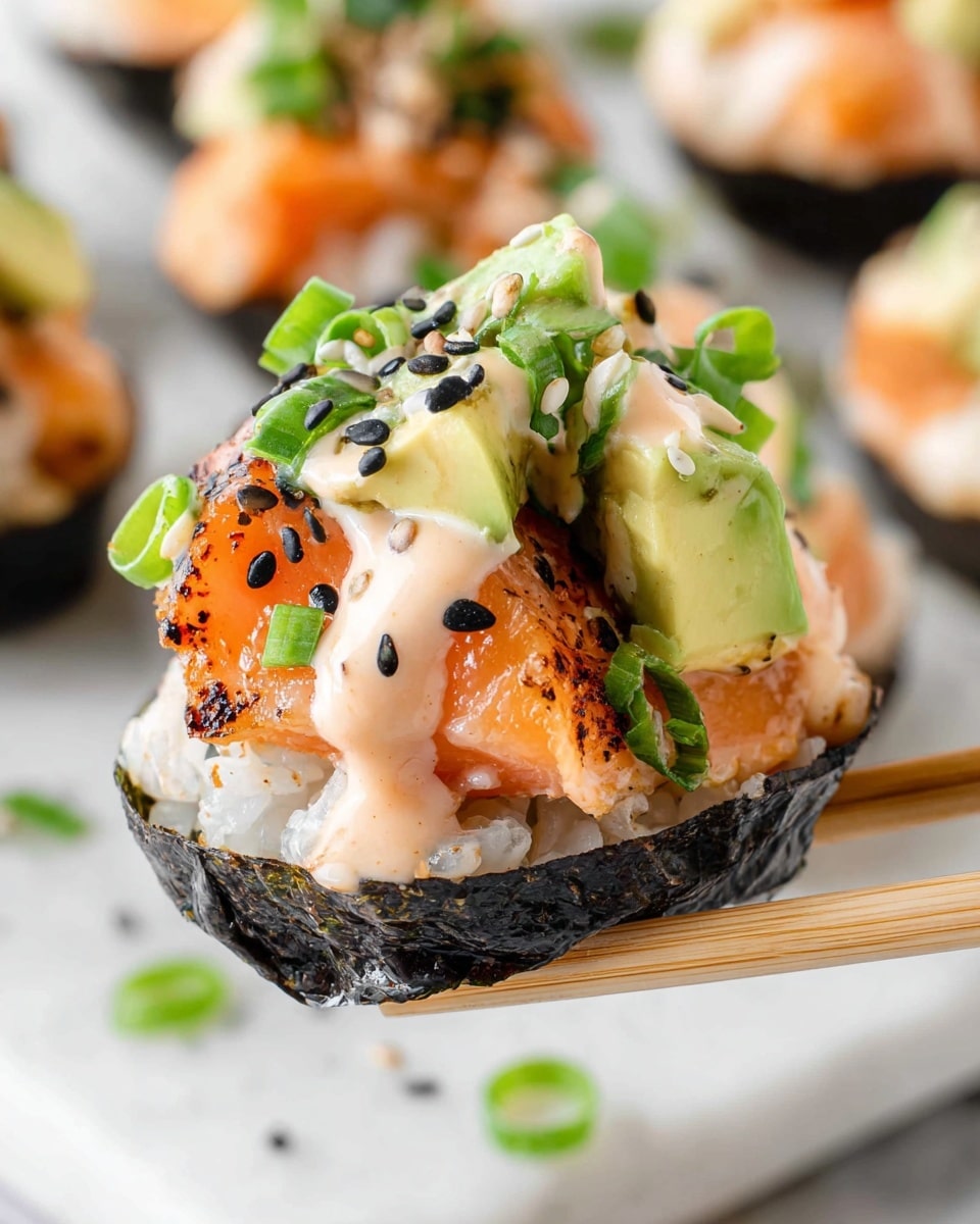 The image shows a close-up of a sushi bite held by a pair of chopsticks. The bottom layer is a piece of black seaweed forming a small cup filled with white sticky rice. On top of the rice are orange cooked salmon pieces, covered with a light pink creamy sauce. There are bright green avocado chunks and sliced green onions scattered on top, along with black and white sesame seeds for texture. The background is a white marbled surface with other similar sushi bites slightly blurred. photo taken with an iphone --ar 4:5 --v 7