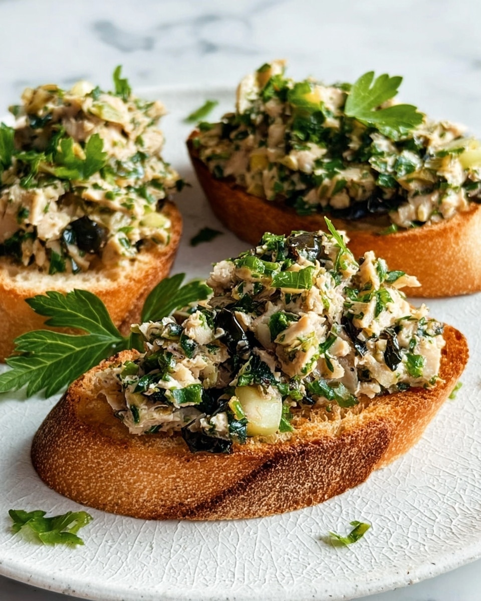 Three pieces of toasted bread with a golden brown crust are placed on a white plate with a subtle textured pattern. Each slice is topped with a thick layer of a creamy mixture that includes chopped herbs, small chunks of light-colored fish or chicken, and bright green leafy herbs scattered on top. The bread's interior is light and porous, visible under the topping. The white plate sits on a white marbled surface. photo taken with an iphone --ar 4:5 --v 7