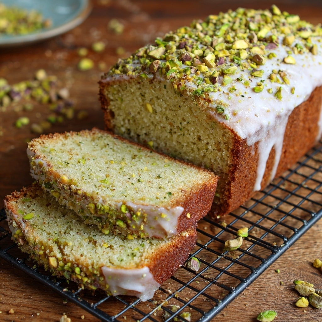 A loaf of pistachio cake with two slices cut off and stacked slightly in front of the main cake on a cooling rack over a wooden table. The cake has a light green, moist texture inside with a thin golden crust around the edges. The top and sides are covered in a smooth white glaze that glistens, and crushed pistachio nuts sprinkled thickly on top and sides add a mix of green and brown rough texture. The cooling rack is dark metal, and the setting is simple with scattered pistachio pieces around. Photo taken with an iphone --ar 4:5 --v 7