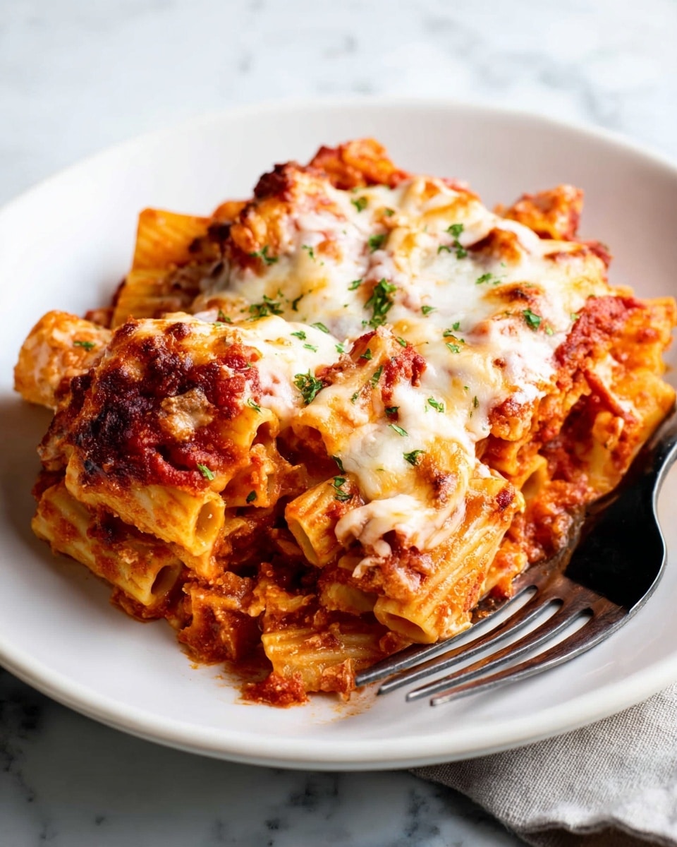 The image shows a close-up of a baked dish with crispy, golden-brown breaded pieces layered under and mixed with melted white cheese. Bright red tomato sauce is spread unevenly over the top, creating a contrast with the cheese and breaded pieces. Small green herb bits are sprinkled across the surface, adding a fresh touch. The dish is inside a white baking pan, with a silver serving spoon scooping some of the food. A white marbled surface and a blue-striped cloth are visible in the background. photo taken with an iphone --ar 4:5 --v 7