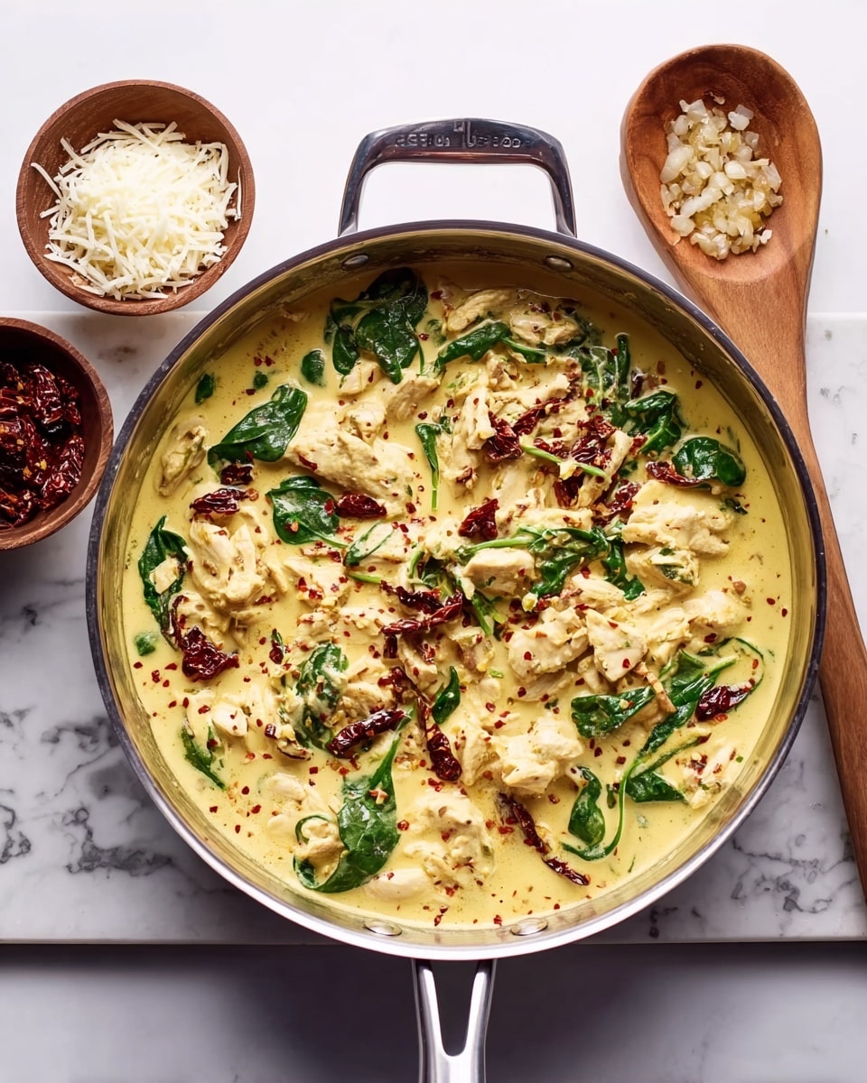 A large white bowl filled with creamy pasta that has two main layers: the bottom layer is a green spinach and dried red tomato mix in a white creamy sauce with herbs, and the top layer consists of golden-brown grilled chicken slices placed over twisted spaghetti noodles. The pasta is coated in the creamy sauce and sprinkled lightly with grated cheese and green herbs, making the dish look rich and textured, all against a white marbled background. photo taken with an iphone --ar 4:5 --v 7