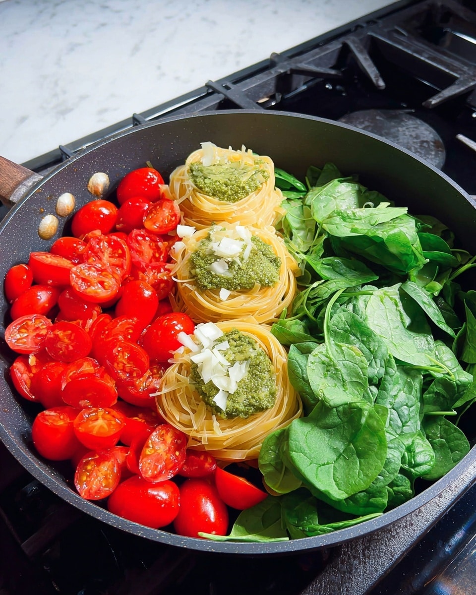 In a large skillet on a white marbled surface, there are three main areas of fresh ingredients. On the left side, bright red halved cherry tomatoes with a glossy texture are scattered, topped lightly with thin slices of white garlic. In the middle, there are four small nests of pale yellow tagliatelle pasta, each with a generous dollop of green pesto sauce on top, also sprinkled with thin garlic slices. On the right, fresh green spinach leaves and basil leaves with a smooth and slightly shiny texture fill that section of the skillet. The pan itself is dark gray with a modern look, sitting on a black stove. photo taken with an iphone --ar 4:5 --v 7