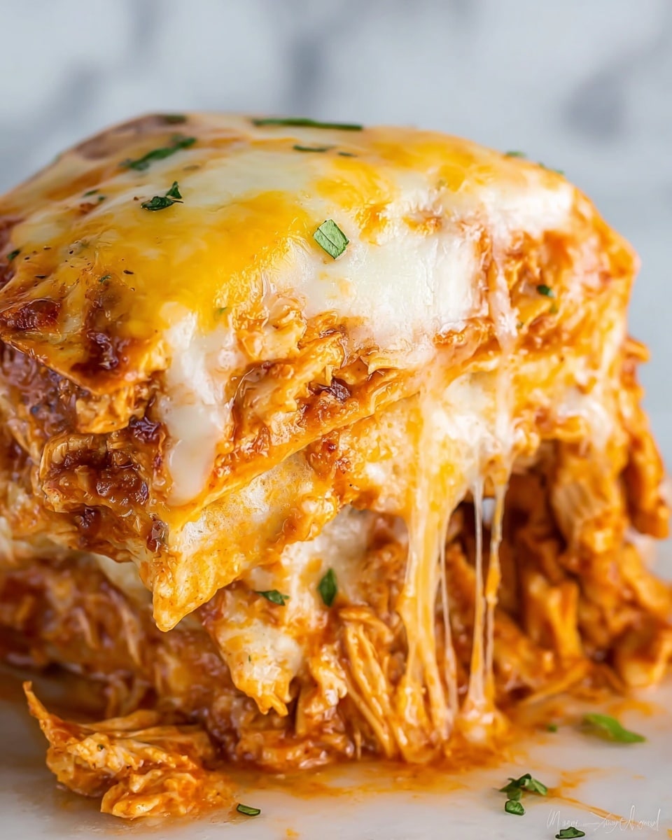 On a white plate with a silver fork beside it, there is a layered baked dish with three visible layers: the bottom layer is a thick, orange-red sauce with pieces of shredded chicken, the middle layer is a golden-brown crispy layer, and the top layer is melted, gooey cheese that is light orange and white in color. Small green parsley pieces are sprinkled on top and around the plate. The background shows part of a white ceramic dish with more of the same baked food and a soft white cloth, all set on a white marbled surface. Photo taken with an iphone --ar 4:5 --v 7