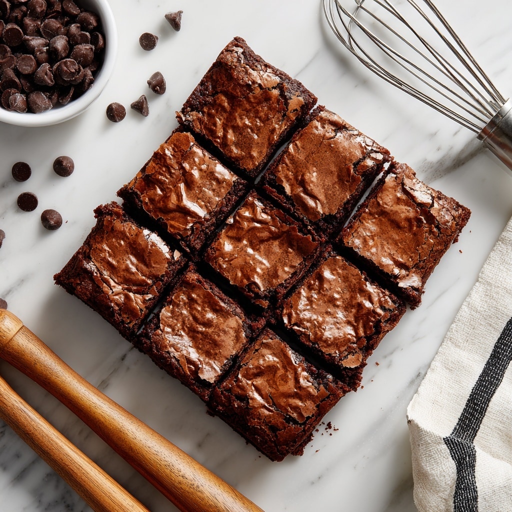 A square chocolate brownie cut into nine equal pieces sits on a sheet of crinkled parchment paper on a white marbled surface. The brownie has a shiny, cracked top layer with a rich dark brown color, revealing a moist and dense inside texture visible from the cut edges. To the left, one piece is slightly separated, showing the thick, fudgy interior clearly. Scattered chocolate chips lie nearby, alongside a metal whisk resting on the surface and a white bowl partially visible in the top right corner. photo taken with an iphone --ar 4:5 --v 7