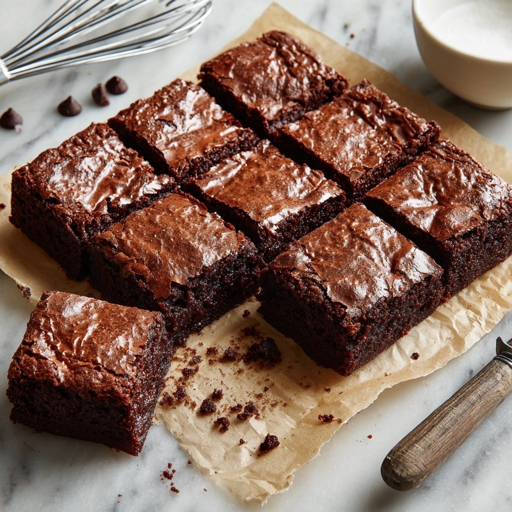 A square chocolate brownie is shown cut into nine equal pieces, with a shiny, cracked top layer revealing a moist, dark brown inside. The brownie rests on a white marbled surface with a few scattered chocolate chips nearby. To the left, there is a white bowl filled with more chocolate chips, and in the lower left corner, a wooden rolling pin and a metal whisk are partially visible. On the right edge, part of a metal baking pan and a white cloth with black stripes lay on the white marbled texture. photo taken with an iphone --ar 4:5 --v 7