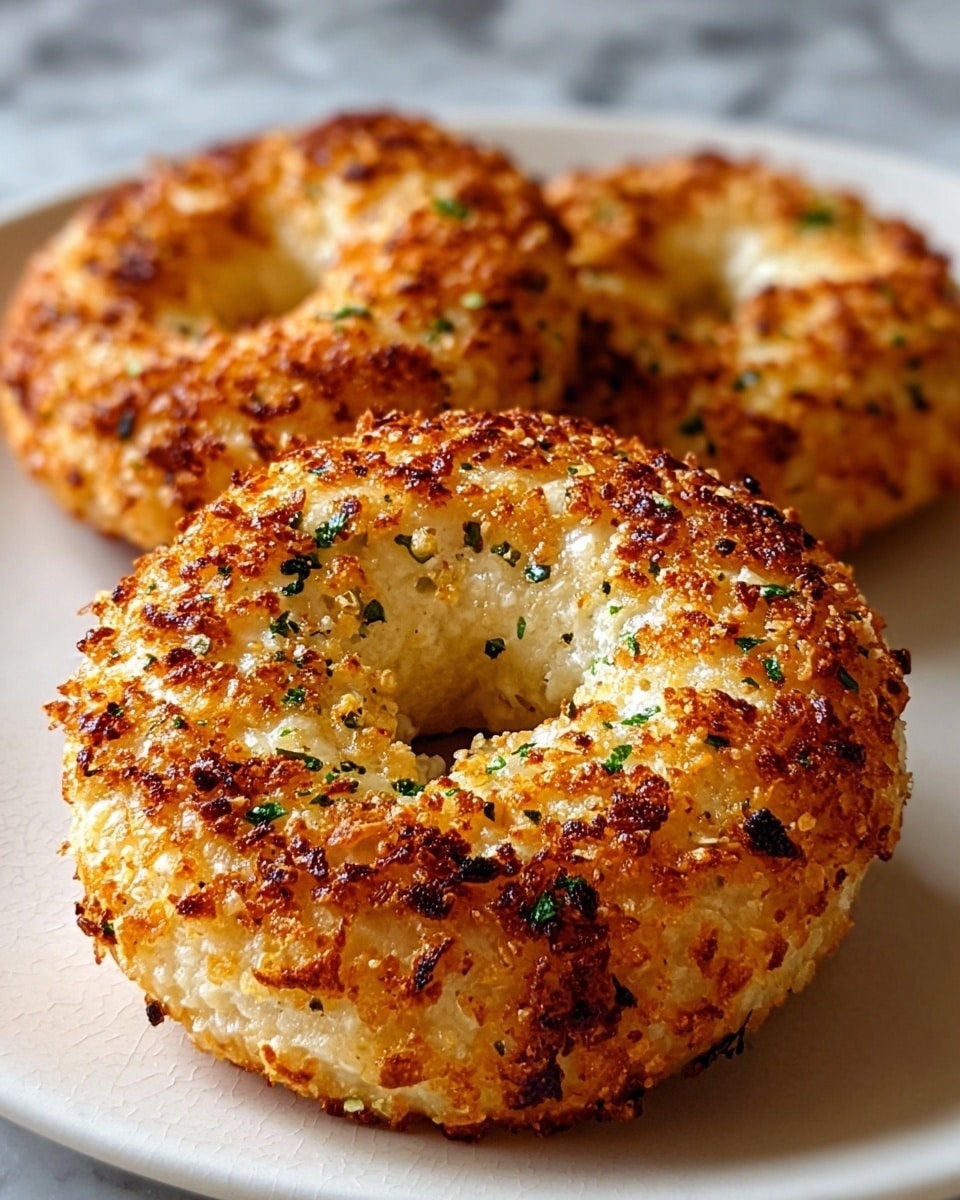 Three round cauliflower bagels sit on a white textured plate placed on a white marbled surface. Each bagel has a golden brown, crispy outside layer covered in small roasted bits and specks of green herbs, giving a crunchy texture. The inside layer visible through the center hole is light and fluffy white, showing softness inside. The bagels are arranged close together, with one in the front center clearly in focus. Photo taken with an iphone --ar 4:5 --v 7