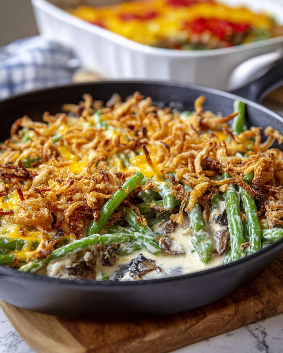 A close-up view of a creamy green bean casserole in a white baking dish with a golden brown melted cheese layer on top. The dish shows several layers: green beans at the bottom with a mix of cooked mushrooms scattered within, a creamy sauce coating the vegetables, and a crispy, browned cheese crust embellishing the surface. The casserole is being scooped by a wooden spoon, highlighting the textures of soft mushrooms, tender green beans, and bubbly, slightly browned melted cheese, all set against a white marbled surface. photo taken with an iphone --ar 4:5 --v 7