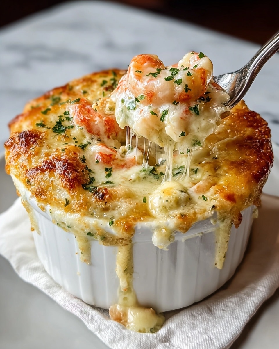 A white ramekin filled with a creamy seafood dish topped with a golden brown puff pastry crust that is slightly puffed and flaky, sprinkled lightly with green herbs. The crust is broken open on one side, showing a rich, thick cream sauce with visible herbs and pieces of cooked shrimp that are white with pink edges, with melted cheese stretching between the filling and the crust. The ramekin sits on a white marbled surface. Photo taken with an iphone --ar 4:5 --v 7