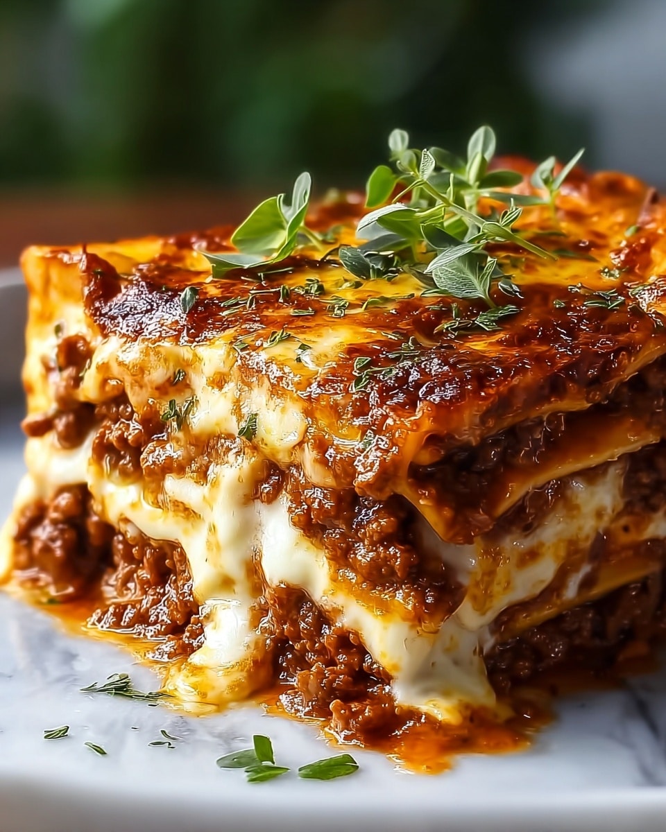 A close-up view of a three-layer lasagna slice showing thick, textured layers of rich brown meat sauce alternating with smooth white and golden melted cheese. The top layer is covered with bubbly, melted cheese that drips down the sides, blending with the sauce below. Small green herb leaves rest on top adding fresh color contrast. The dish sits on a white marbled surface. photo taken with an iphone --ar 4:5 --v 7
