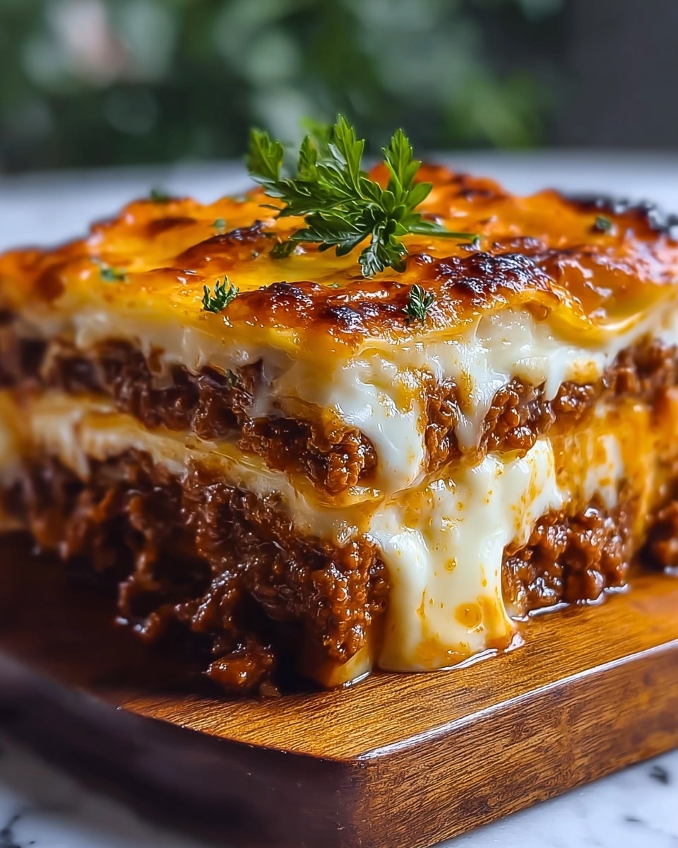 A close-up view of a thick slice of lasagna shows four clear layers: a top burnt golden brown cheese crust with bubbly, slightly crispy edges, followed by a smooth white melted cheese layer dripping down the side, then a rich brown ground meat sauce with a juicy, chunky texture, and at the bottom another layer of melted white cheese blending into the meat sauce. The top is decorated with a small sprig of fresh green parsley. The slice sits directly on a wooden board with a white marbled background softly blurred behind. Photo taken with an iphone --ar 4:5 --v 7