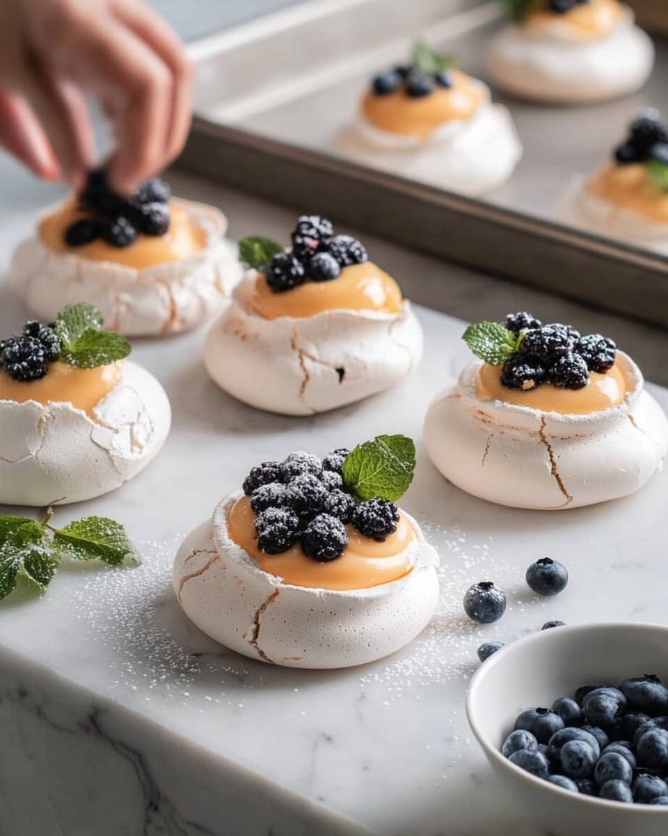A single round pavlova with a light beige, crispy outer meringue base forms the bottom layer, topped with a smooth, pale orange cream layer in the center. On top of the cream, there are small dark blue blueberries, a single blackberry, and two fresh bright green mint leaves arranged around the berries. The pavlova rests on a white marbled surface with part of a silver tray lined with brown parchment visible at the bottom. photo taken with an iphone --ar 4:5 --v 7