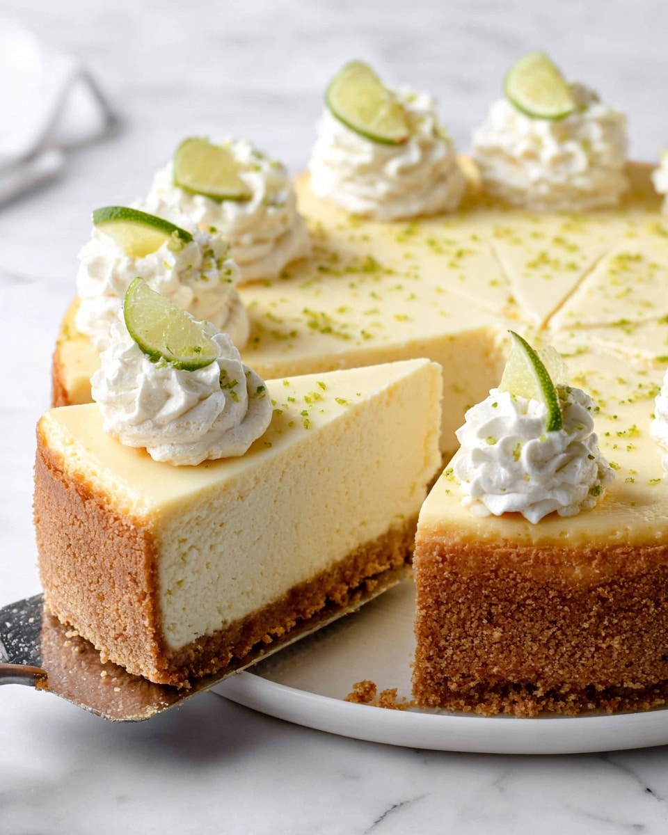 The image shows a creamy cheesecake with two main layers on a white plate sitting on a white marbled surface. The bottom layer is a thick, crumbly, golden-brown crust, while the top layer is a thick, smooth, pale yellow cheesecake filling. The cheesecake is cut into several slices, and the front slice is lifted slightly on a silver spatula, revealing the layers clearly. Each slice is decorated with a small swirl of white whipped cream on top, garnished with a thin slice of lime and sprinkled with tiny green lime zest pieces. The whole scene is bright and clean. photo taken with an iphone --ar 4:5 --v 7