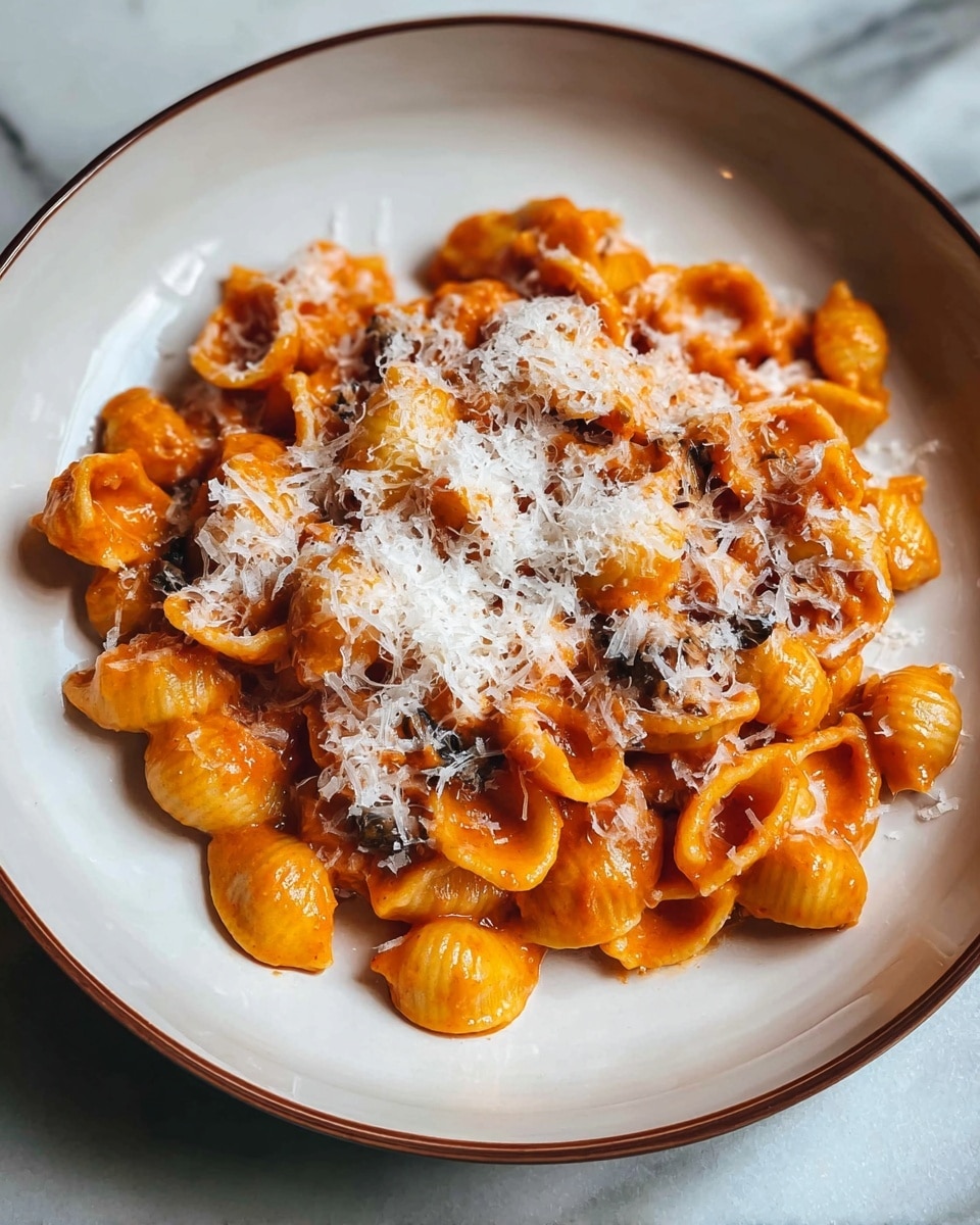 A white plate holds a single layer of small pasta shells covered in a thick, bright orange tomato-based sauce. Scattered pieces of dark brown mushroom add texture throughout the pasta. On top, there is a generous layer of finely grated white cheese sprinkled evenly, melting slightly into the warm sauce. The plate rests on a surface with a white marbled texture. photo taken with an iphone --ar 4:5 --v 7