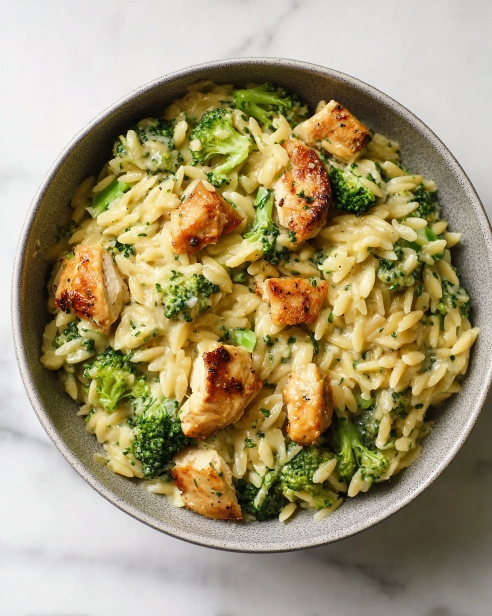 A bowl filled with a creamy dish consisting of three main layers: the base layer is small, smooth, yellow orzo pasta evenly mixed throughout; the middle layer contains bright green broccoli florets with a slightly firm texture distributed across the dish; the top layer has golden-brown grilled chicken pieces with a slightly crispy outside that are spread evenly. All layers are joined in a rich creamy sauce that coats every ingredient, served inside a textured light gray ceramic bowl placed on a white marbled surface. photo taken with an iphone --ar 4:5 --v 7