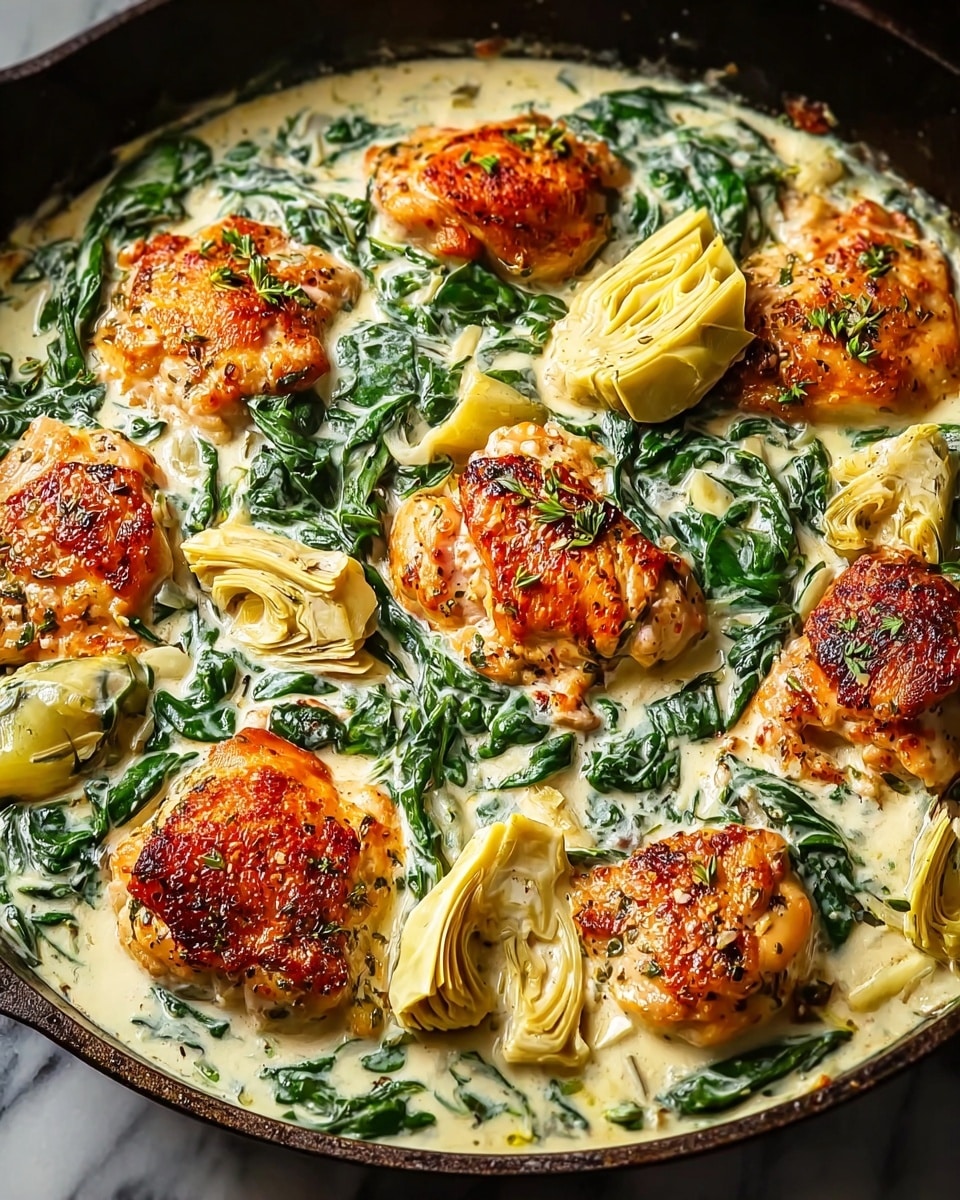 A black skillet filled with four browned chicken pieces that have a crispy golden-brown texture, surrounded by creamy white sauce mixed with wilted dark green spinach and pale yellow quartered artichoke hearts scattered evenly throughout. The dish looks rich with the sauce coating the spinach and chicken, creating a thick and smooth texture, while the chicken skin is slightly charred with spices and herbs visible. The skillet sits on a white marbled surface. Photo taken with an iphone --ar 4:5 --v 7