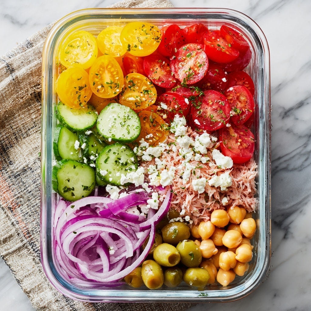 The clear glass container shows a meal with four sections: the bottom left holds grilled chicken with dark brown charred marks and green herb bits, sliced into thick pieces over a bed of green leafy lettuce; the top left contains crumbly white feta cheese sprinkled with small herb pieces; the top right has a mix of shiny dark purple olives, whole red cherry tomatoes, and thin purple onion slices, all tossed with herbs; the bottom right shows creamy yellow orzo pasta garnished with herbs. The background is white marble. photo taken with an iphone --ar 4:5 --v 7