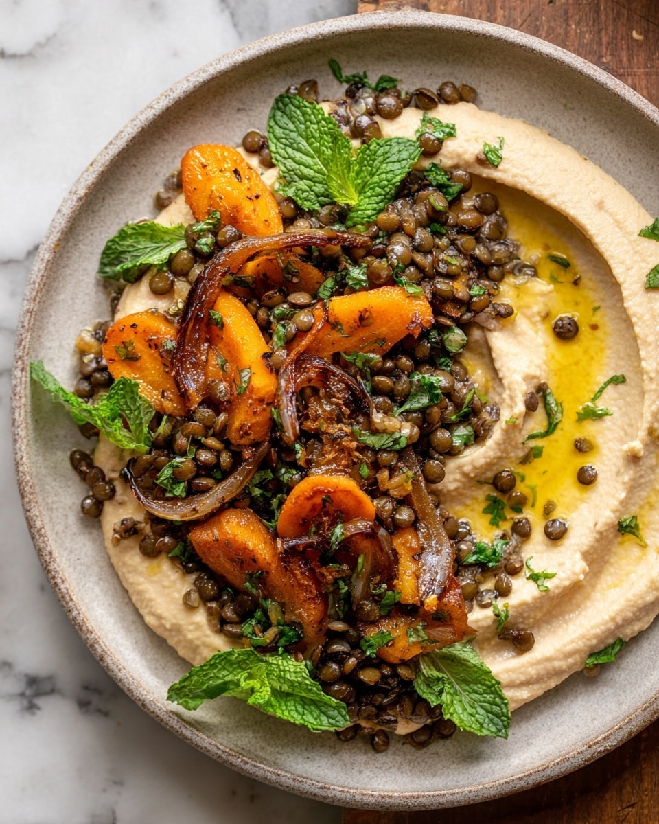 A round white plate with a creamy, pale beige hummus spread thickly in a rough circle at the bottom layer, topped with a generous mound of small green-brown lentils mixed with chopped fresh green herbs and pieces of walnuts, creating a textured layer in the middle. On top, golden-brown roasted potato wedges and sautéed onion slices add bright orange and amber colors, sprinkled with fresh mint leaves for a pop of green. A silver fork rests on the right side, sinking slightly into the lentil layer. The plate is set on a white marbled surface. photo taken with an iphone --ar 4:5 --v 7